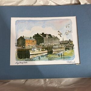 Seaside Harbor Art Print with Blue Mat Robert long Kennedy